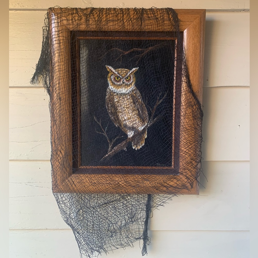 Spooky Halloween Framed Owl Oil Painting on Canvas.